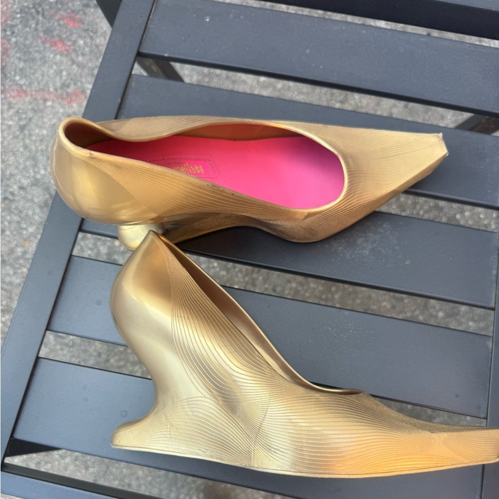 Melissa x Karim Rashid Metallic Gold Sculpted Wedges with Pink Insole
